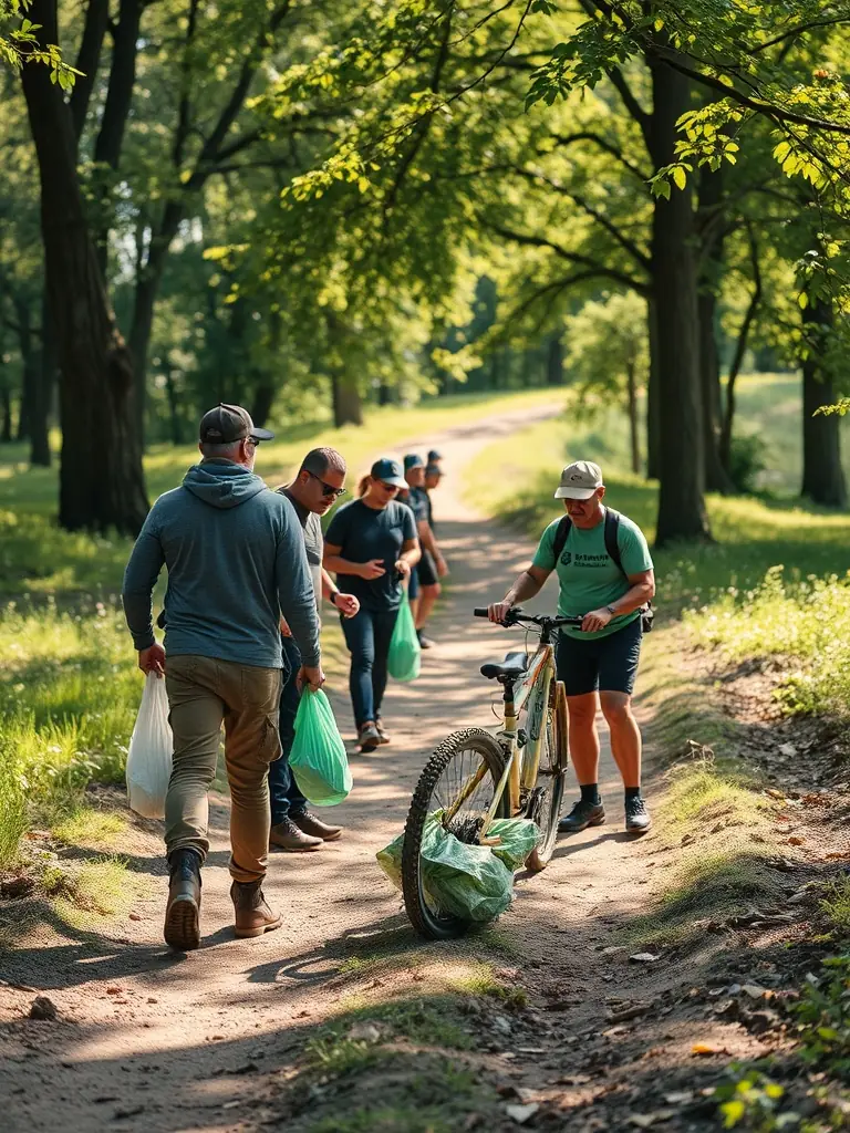Volunteers from LE VELO MONTAGNARD are shown cleaning up a local bike trail, removing litter and debris, demonstrating the organization's dedication to environmental stewardship.