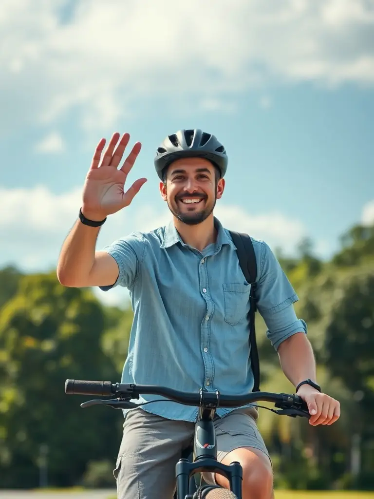 A cyclist smiling and waving at the camera, representing the joy and accessibility of cycling for all ages and abilities.