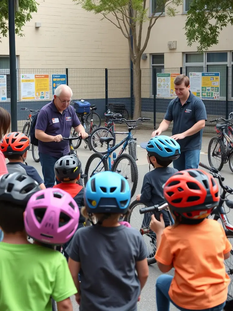 Volunteers teaching children about bike safety and maintenance at a local school, emphasizing the importance of cycling.