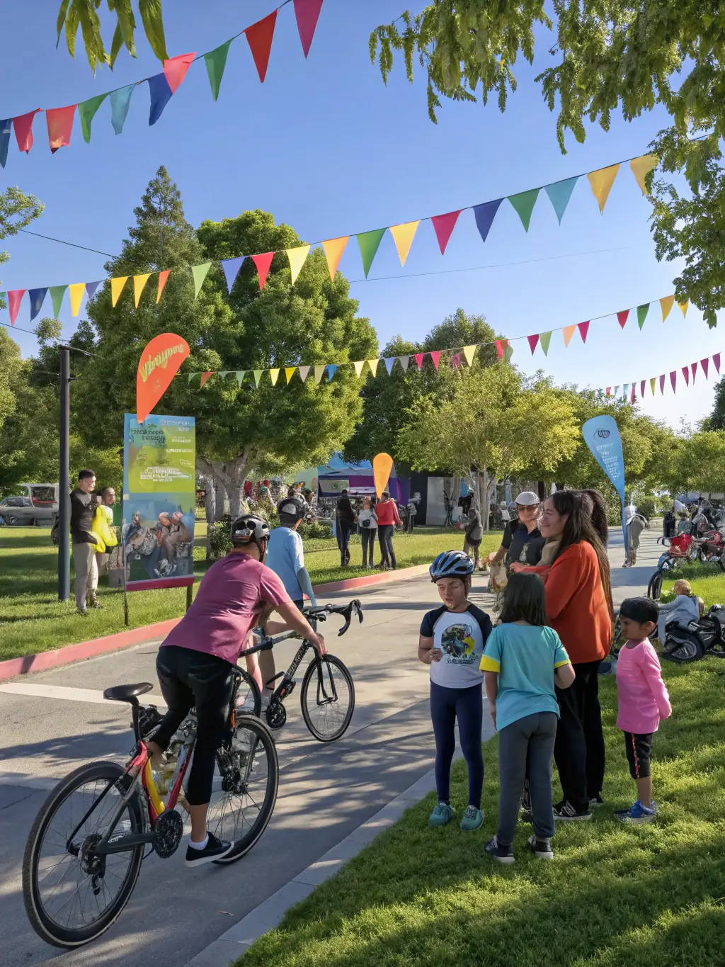 A group of diverse cyclists, including children and adults, are gathered at a local park, preparing for a community cycling event organized by LE VELO MONTAGNARD, showcasing the organization's commitment to accessible fitness.