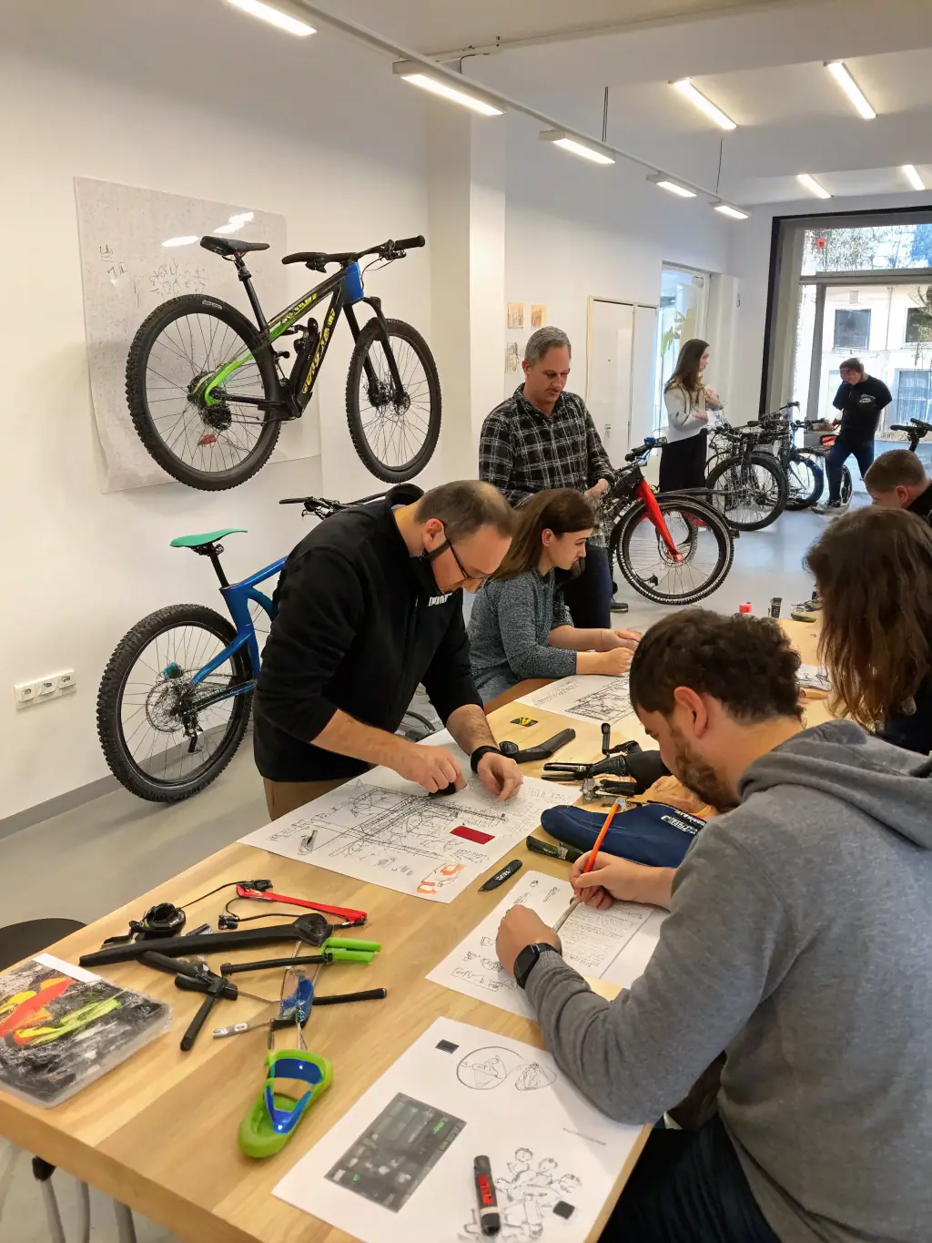A diverse group of children learning basic bike maintenance skills during a cycling workshop, emphasizing the educational aspect of the program.
