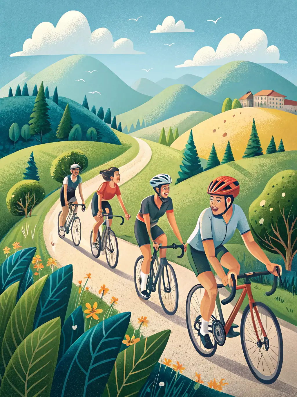 A group of cyclists laughing and chatting during a break on a cycling tour, highlighting the social aspect of the activity.