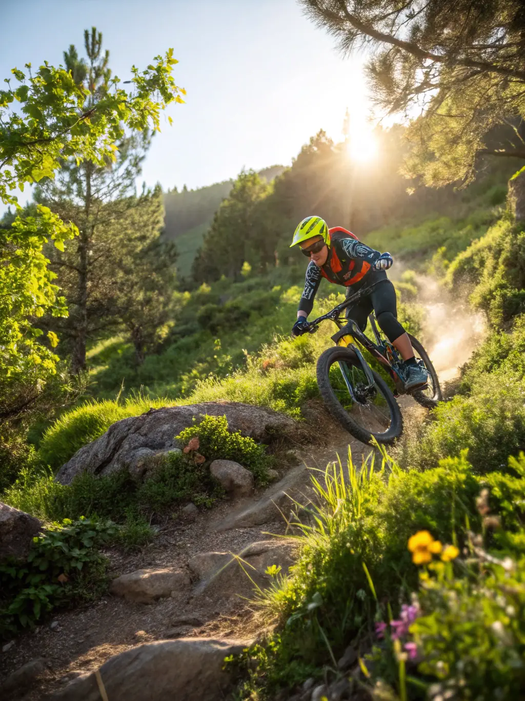 A cyclist smiling broadly while riding uphill on a scenic mountain trail, showcasing the joy and physical challenge of cycling with LE VELO MONTAGNARD.