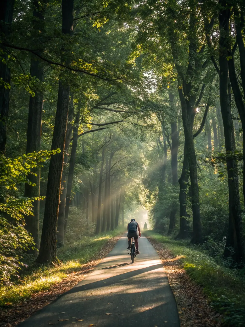 A cyclist riding through a lush forest, emphasizing the environmental benefits of cycling.
