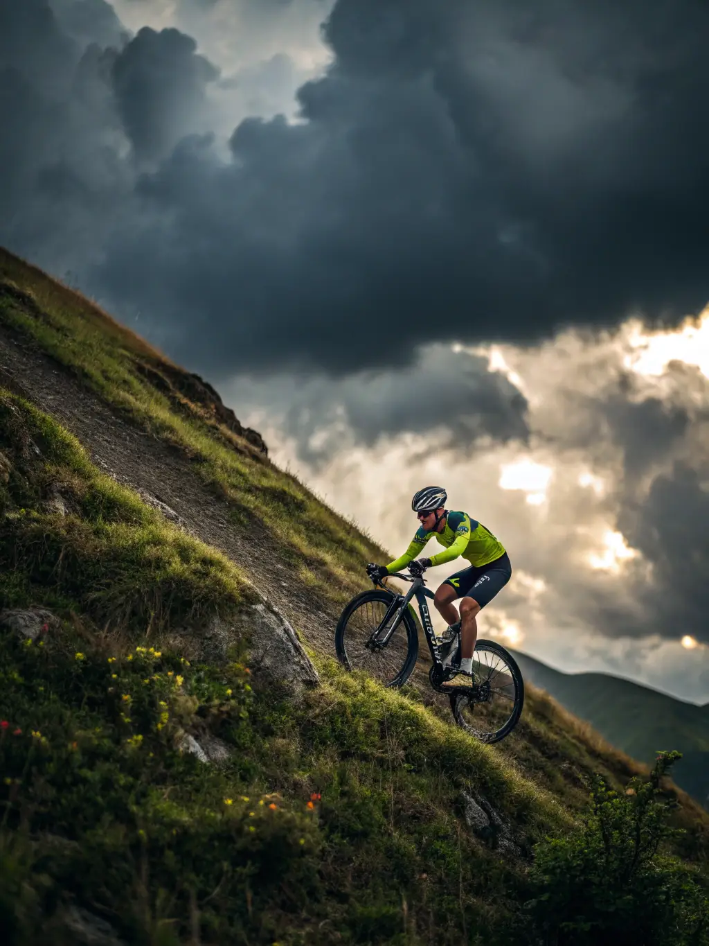 A person cycling uphill on a mountain road, showcasing the physical challenge and reward of cycling.