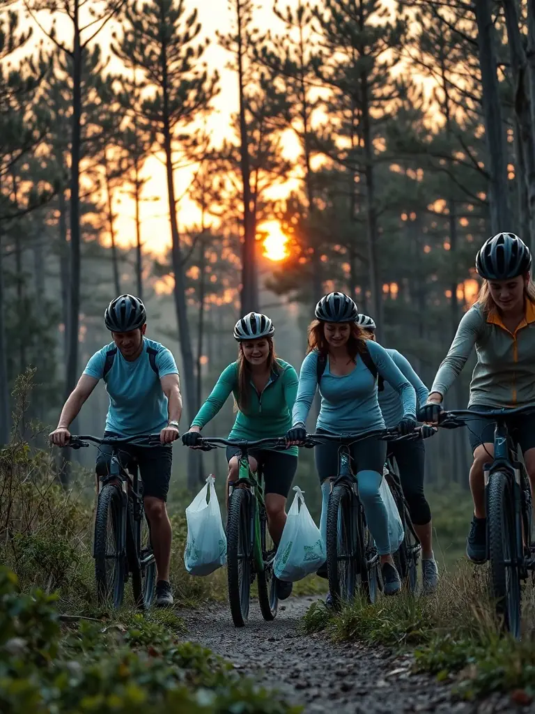 A group of cyclists volunteering to clean up a local trail, demonstrating the organization's commitment to environmental stewardship.
