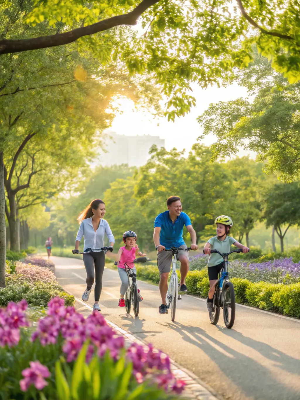 A family participating in a community cycling event, emphasizing inclusivity and fun for all ages.