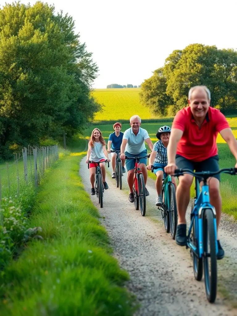 A group of cyclists of varying ages participating in a guided mountain biking tour through a scenic forest trail, showcasing the community cycling program.