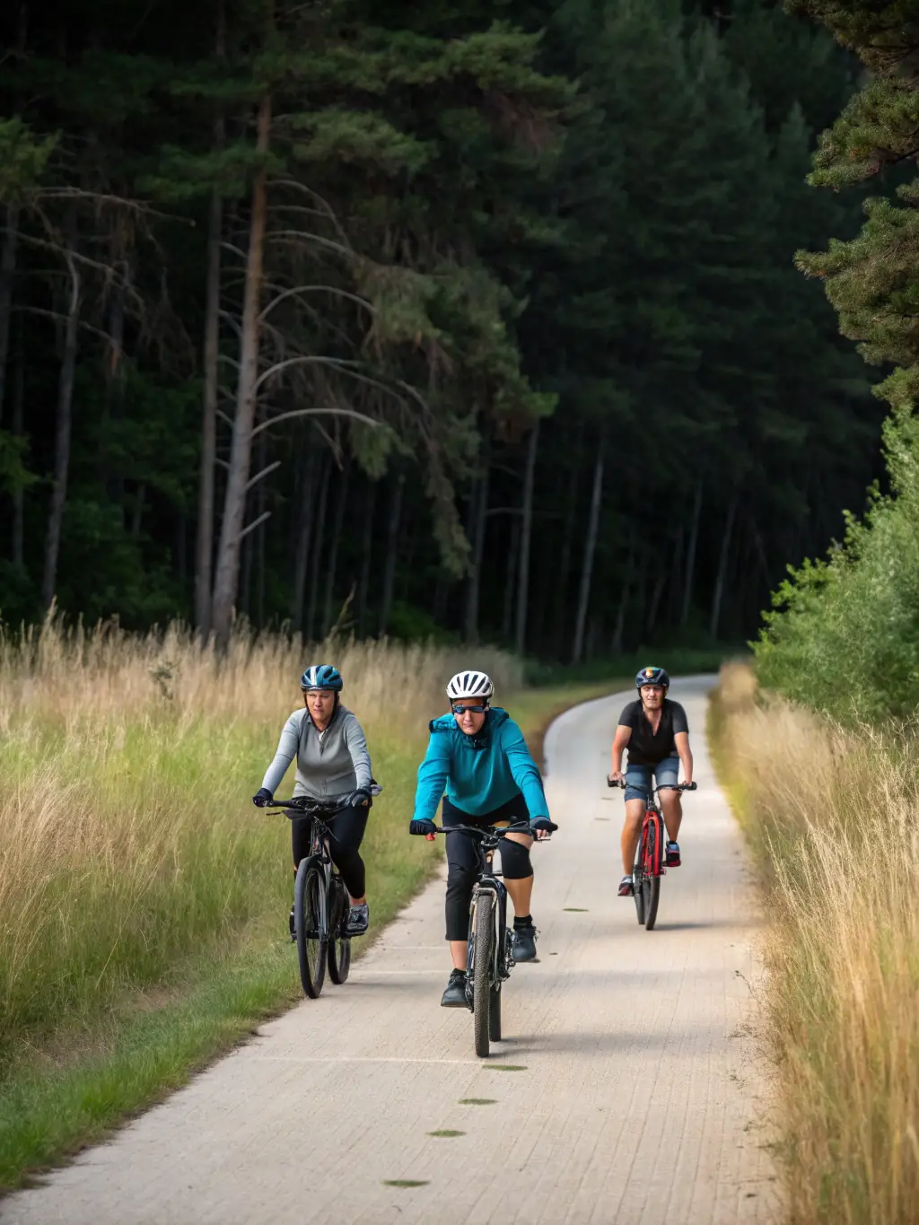 A group of cyclists riding through a lush forest, emphasizing the environmental benefits of cycling and LE VELO MONTAGNARD's commitment to sustainability.