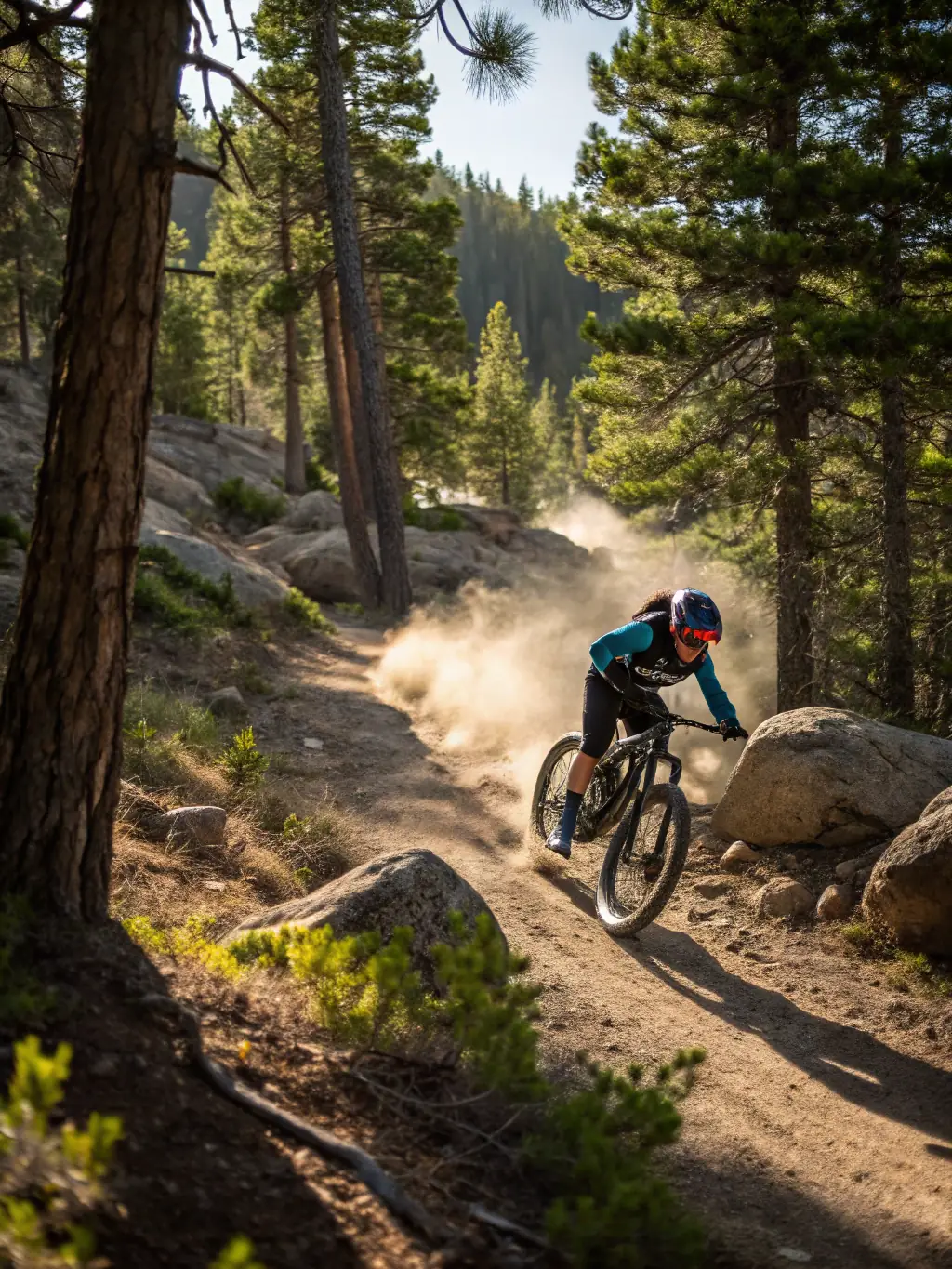 A cyclist riding through a scenic mountain trail, highlighting the environmental benefits and the beauty of nature.