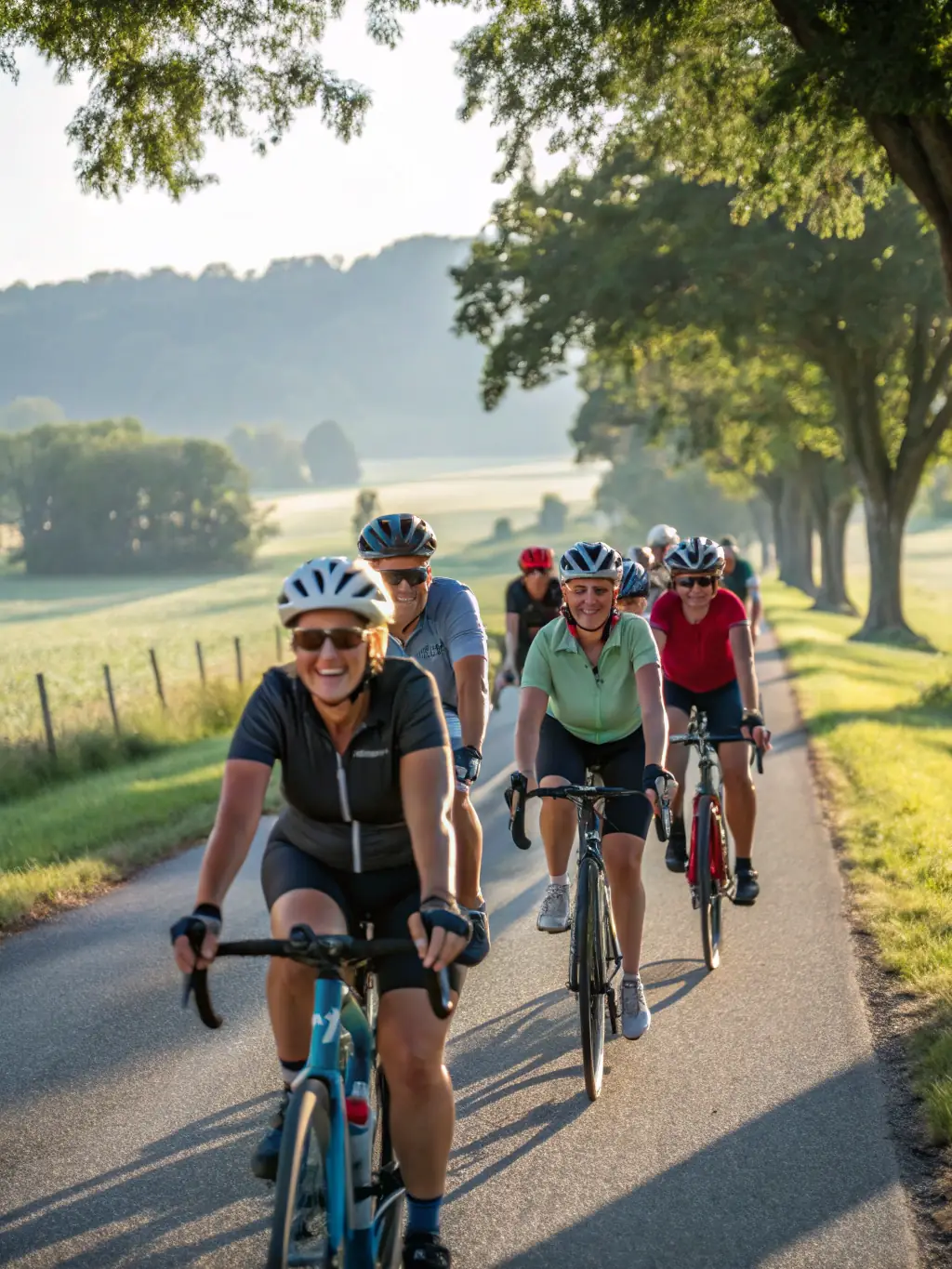A diverse group of cyclists participating in a LE VELO MONTAGNARD community event, highlighting the social connections fostered through cycling.