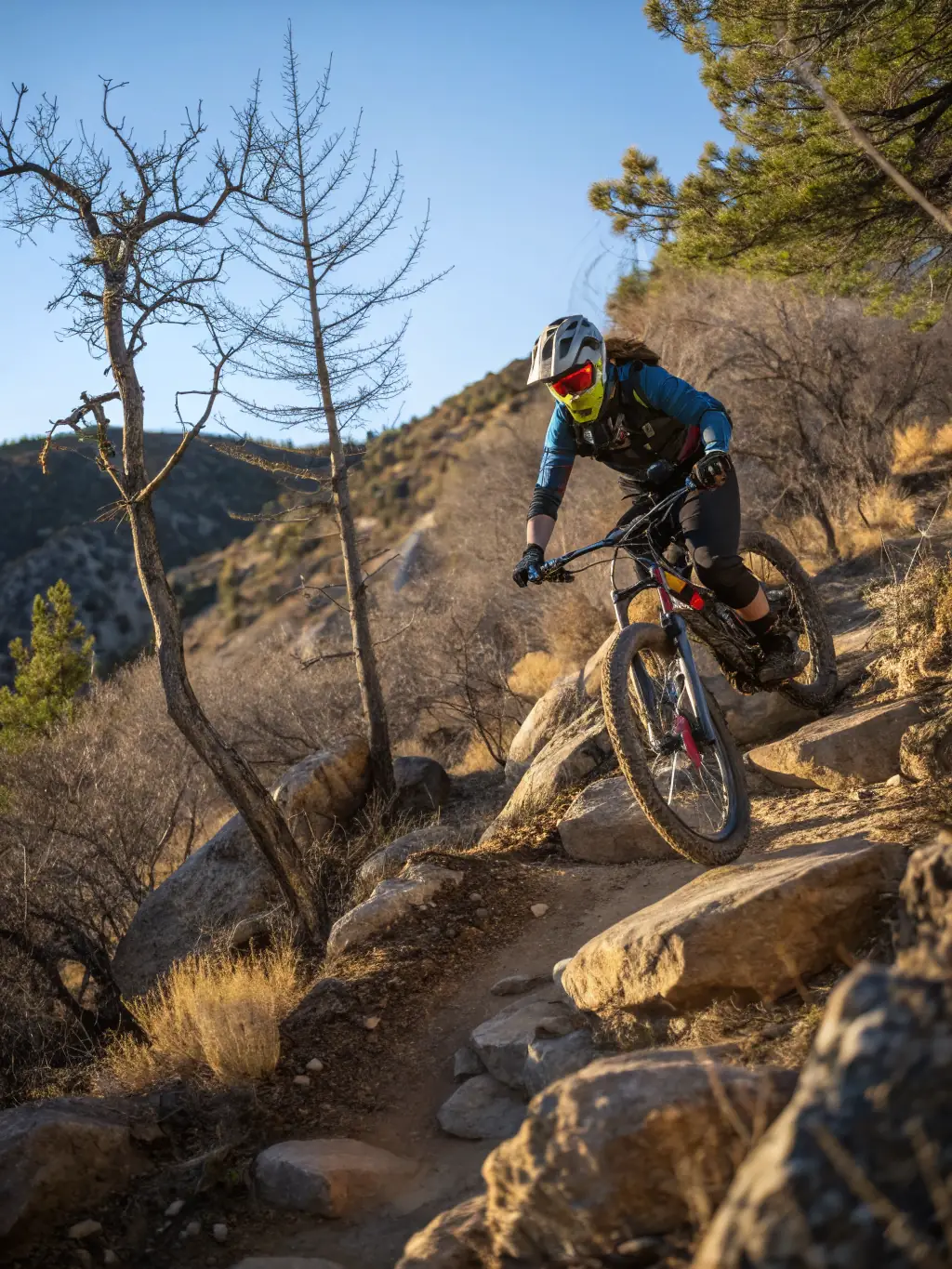 A group of cyclists participating in a mountain biking training session, focused on improving their technical skills on a challenging trail.